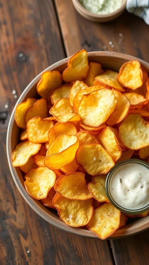 A bowl of golden homemade potato chips with a sprinkle of salt and spices, accompanied by a dip on a wooden table.